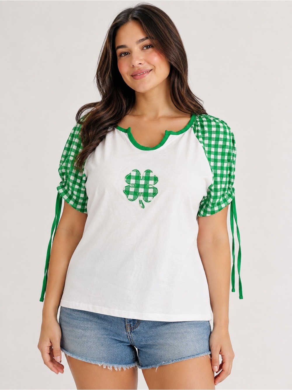 White Tee with Green Gingham Puff Sleeves and Clover Motif